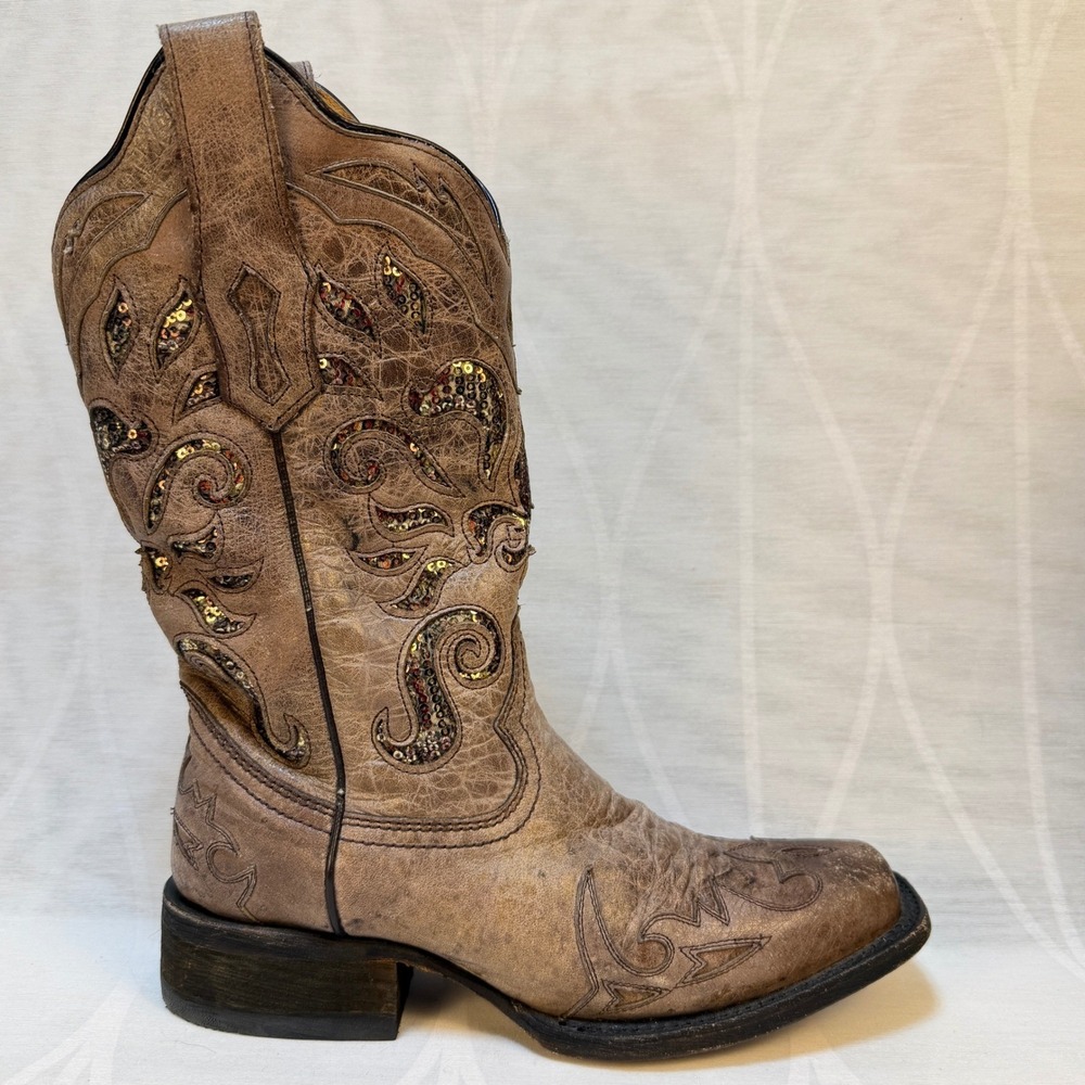 Corral Boots Women's‎ Cowboy Boots Size 6M Brown Sequin Inlay Western Leather